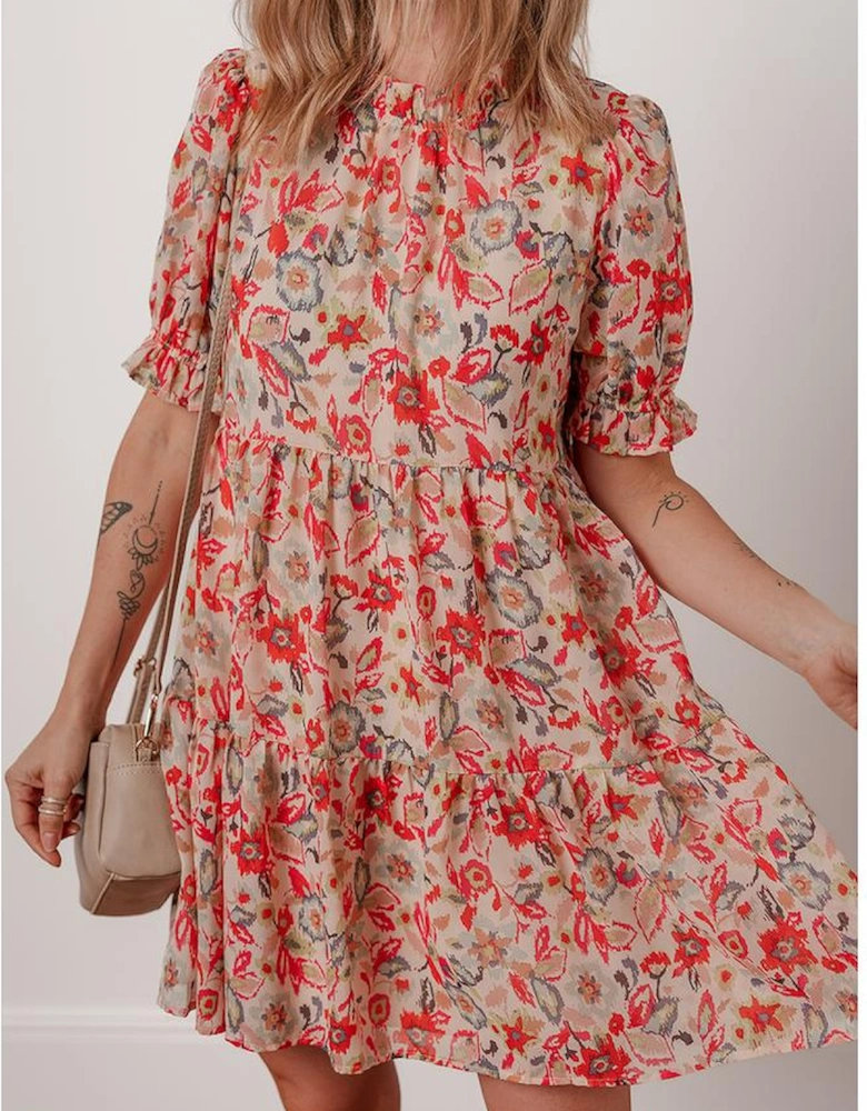 Multicolour Floral Print Frilled Neck Puff Sleeve High Waist Dress