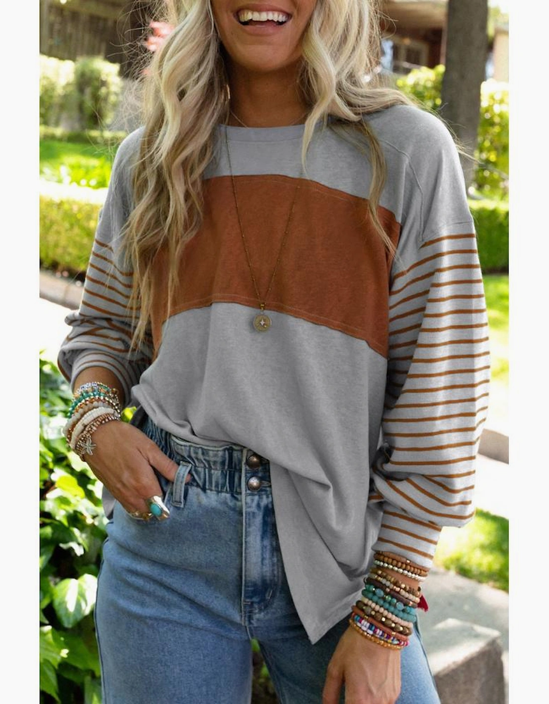 Gray Colorblock Striped Bishop Sleeve Top