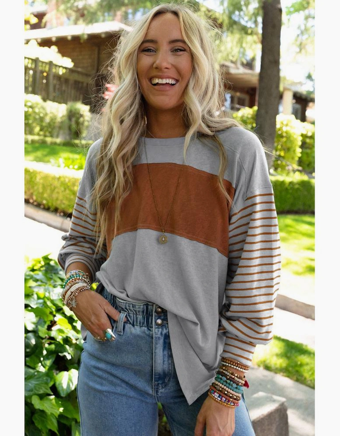 Gray Colorblock Striped Bishop Sleeve Top