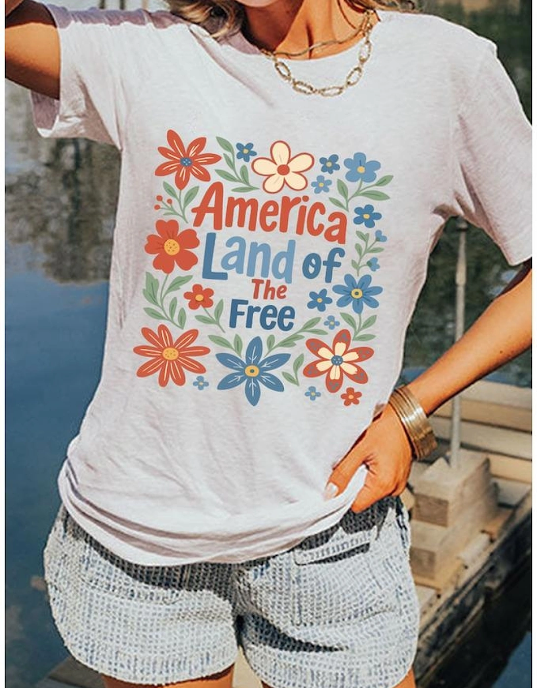 White America Land of The Free Flower Graphic Crewneck T Shirt, 7 of 6