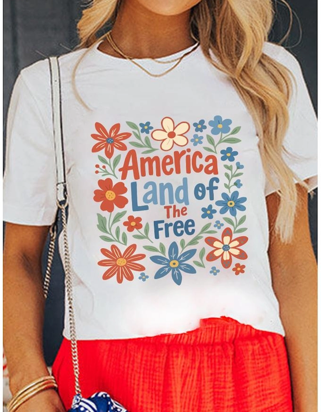 White America Land of The Free Flower Graphic Crewneck T Shirt