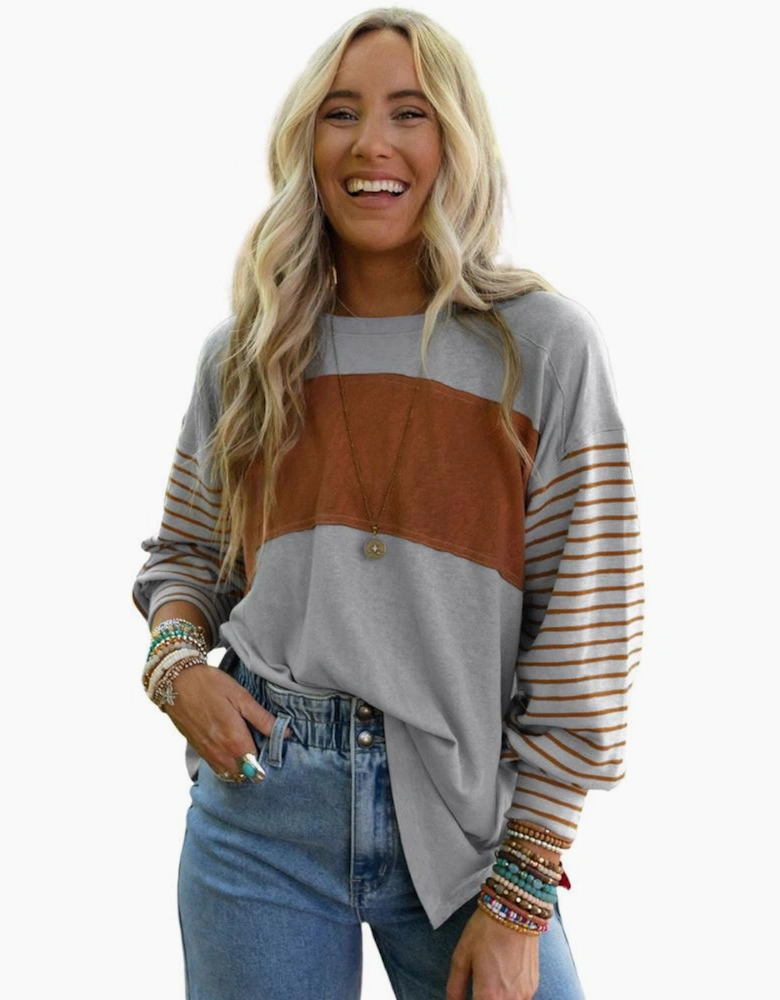 Gray Colorblock Striped Bishop Sleeve Top