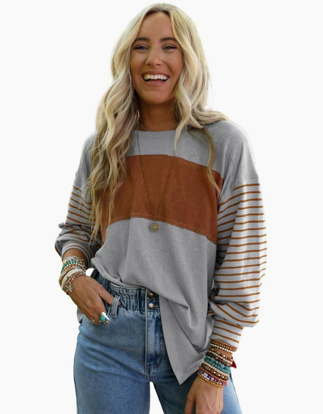 Gray Colorblock Striped Bishop Sleeve Top