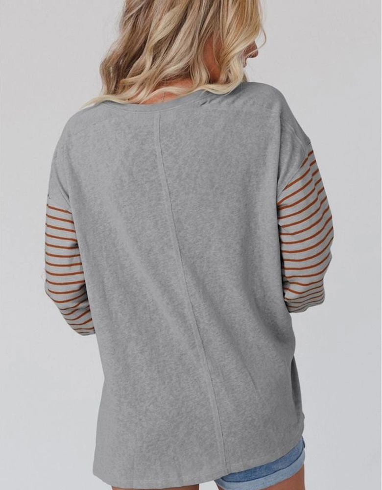 Gray Colorblock Striped Bishop Sleeve Top
