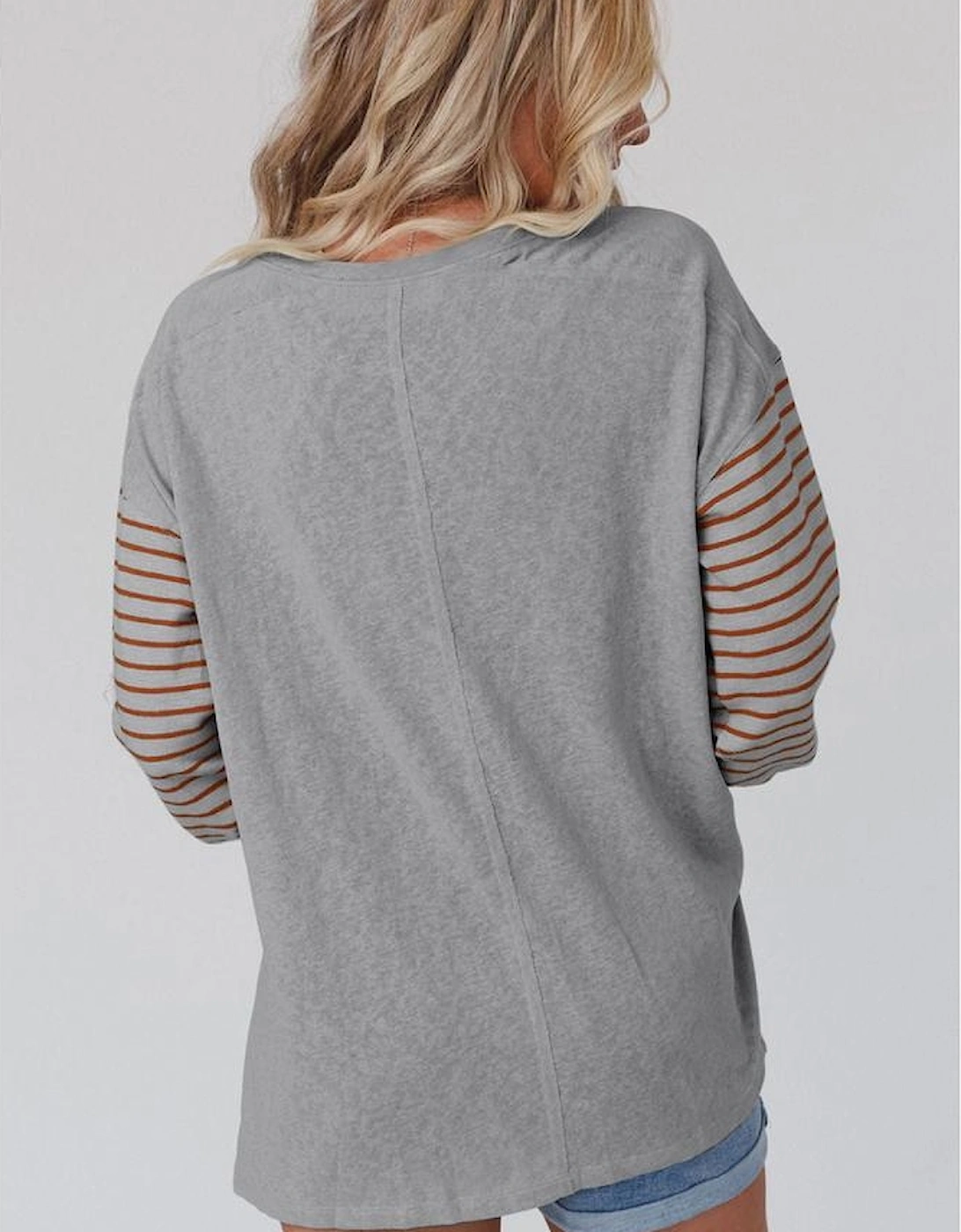 Gray Colorblock Striped Bishop Sleeve Top