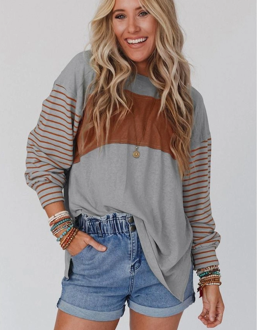 Gray Colorblock Striped Bishop Sleeve Top, 6 of 5