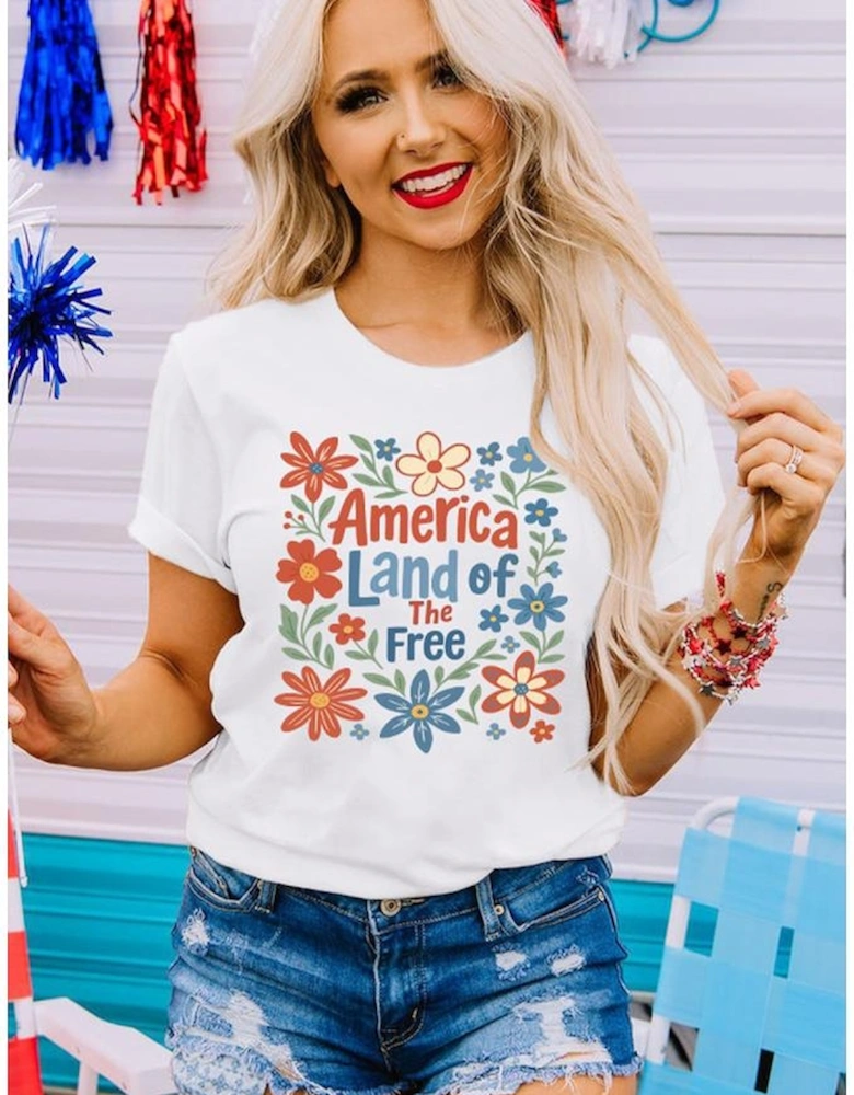 White America Land of The Free Flower Graphic Crewneck T Shirt