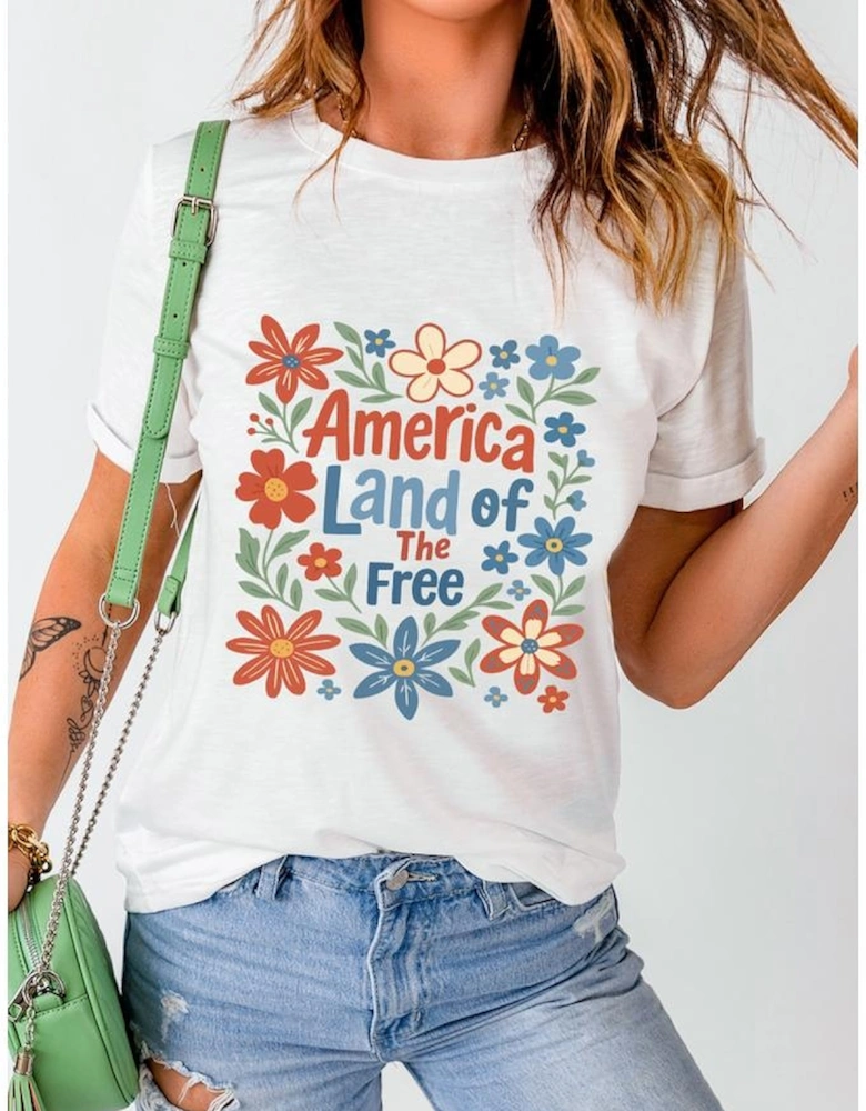 White America Land of The Free Flower Graphic Crewneck T Shirt