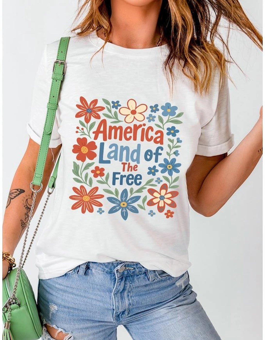 White America Land of The Free Flower Graphic Crewneck T Shirt