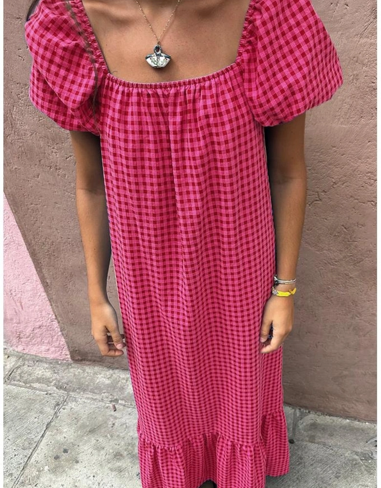 Rose Ginham Check Bubble Sleeve Ruffled Maxi Dress