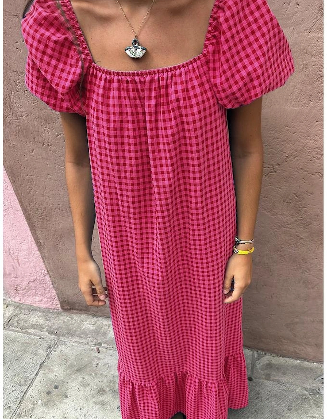 Rose Ginham Check Bubble Sleeve Ruffled Maxi Dress