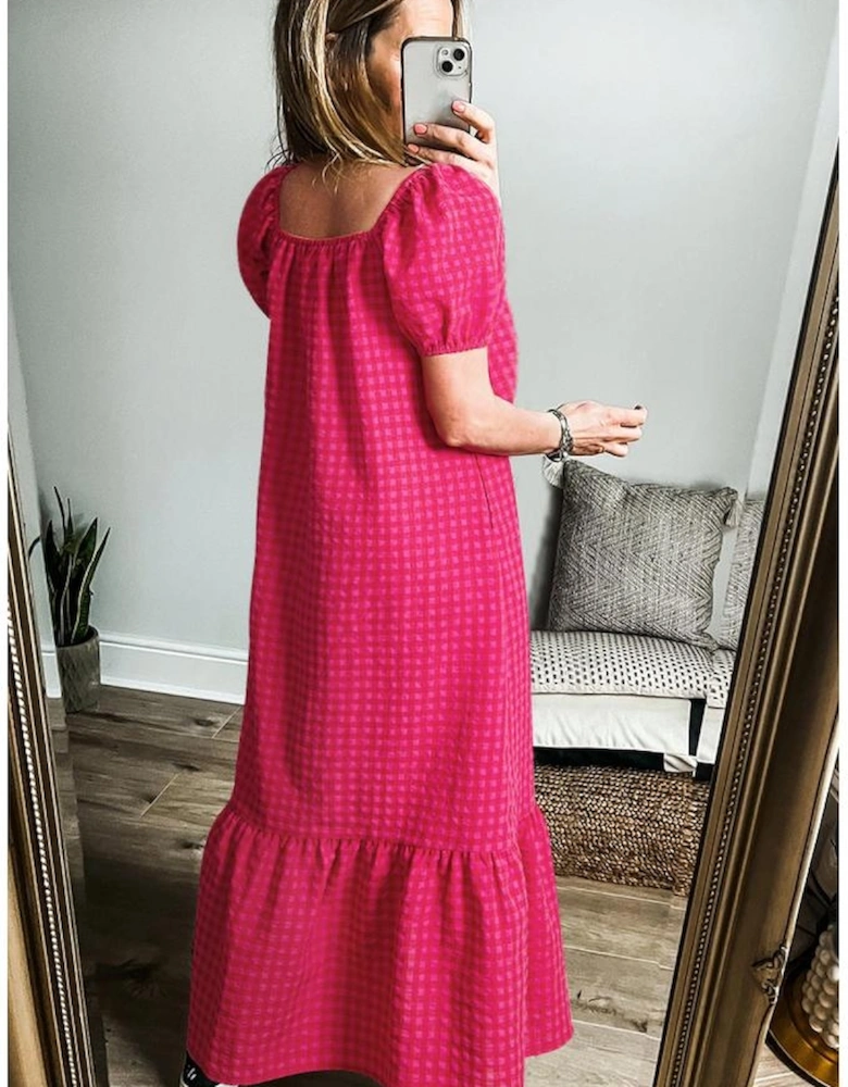 Rose Ginham Check Bubble Sleeve Ruffled Maxi Dress