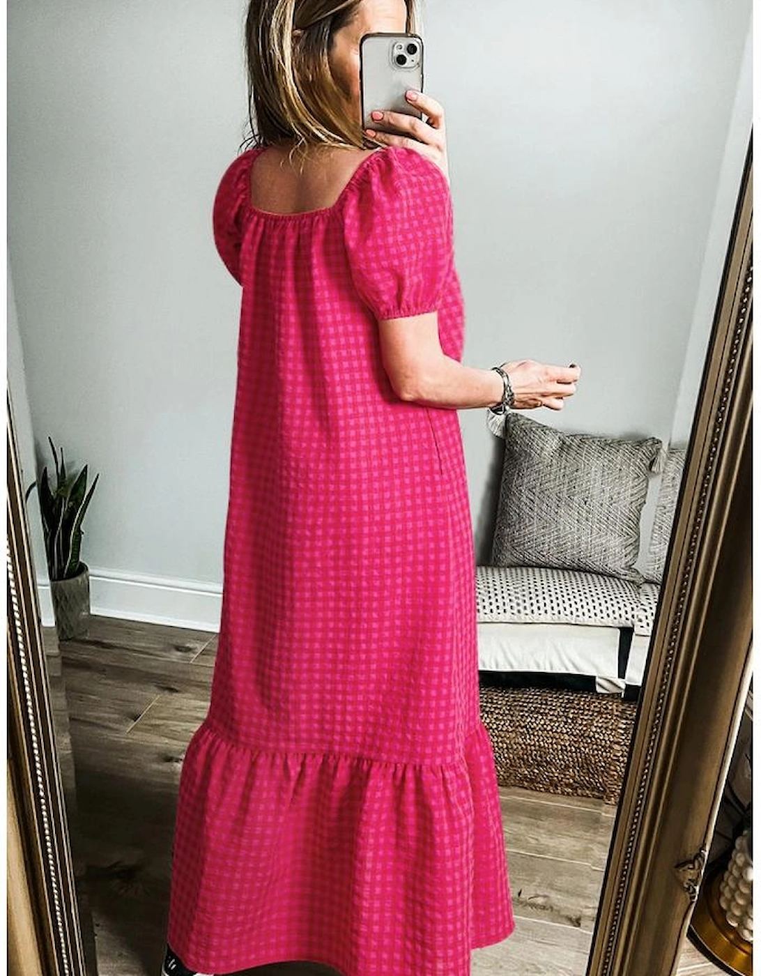Rose Ginham Check Bubble Sleeve Ruffled Maxi Dress, 15 of 14