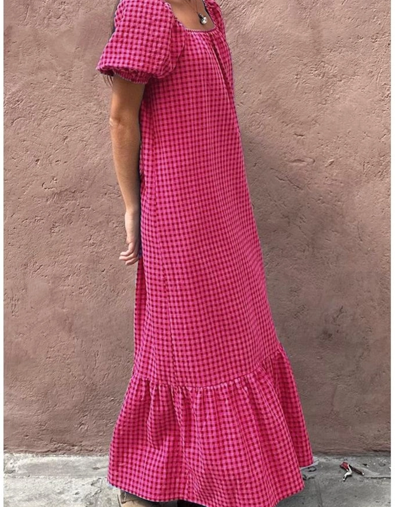 Rose Ginham Check Bubble Sleeve Ruffled Maxi Dress