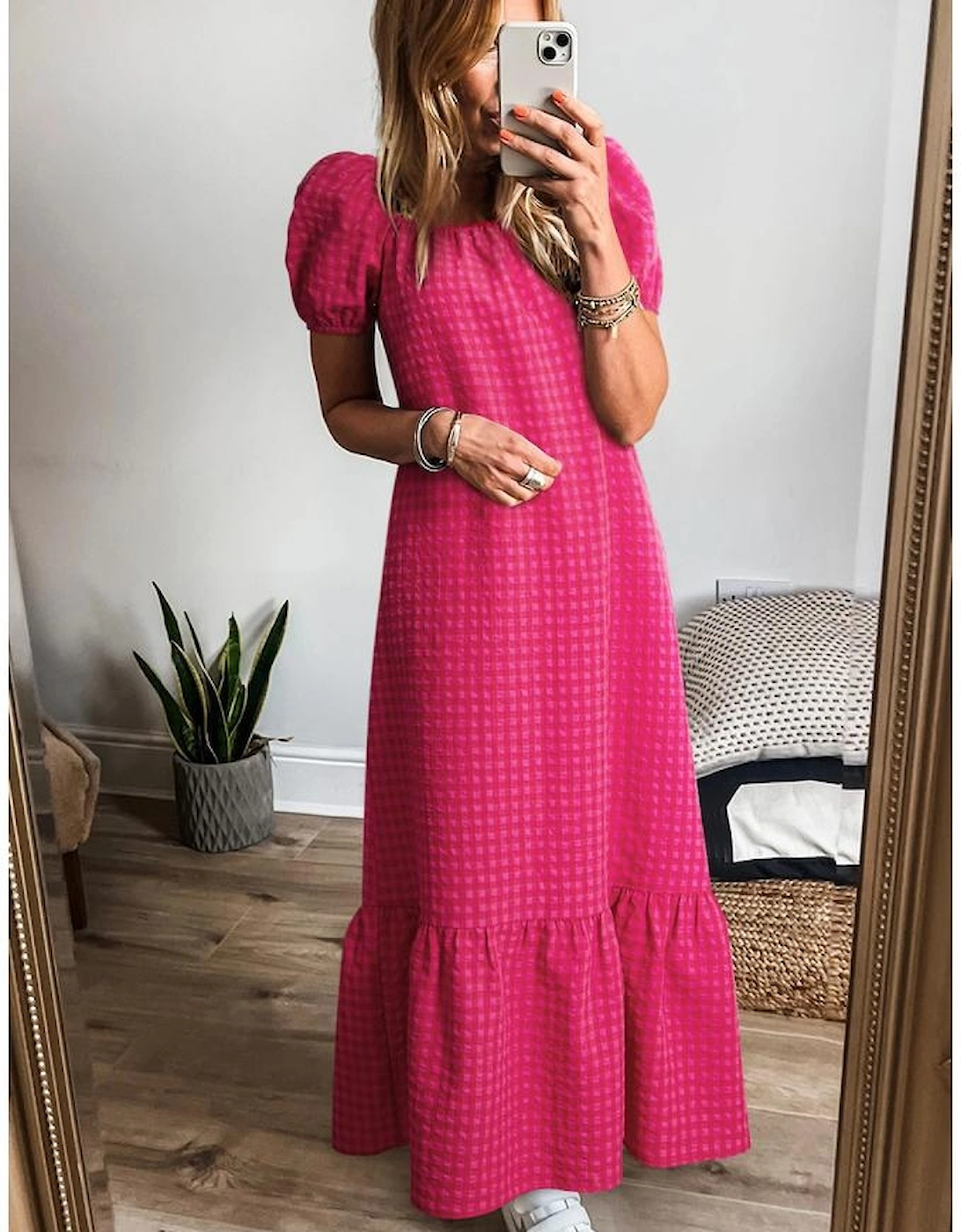 Rose Ginham Check Bubble Sleeve Ruffled Maxi Dress