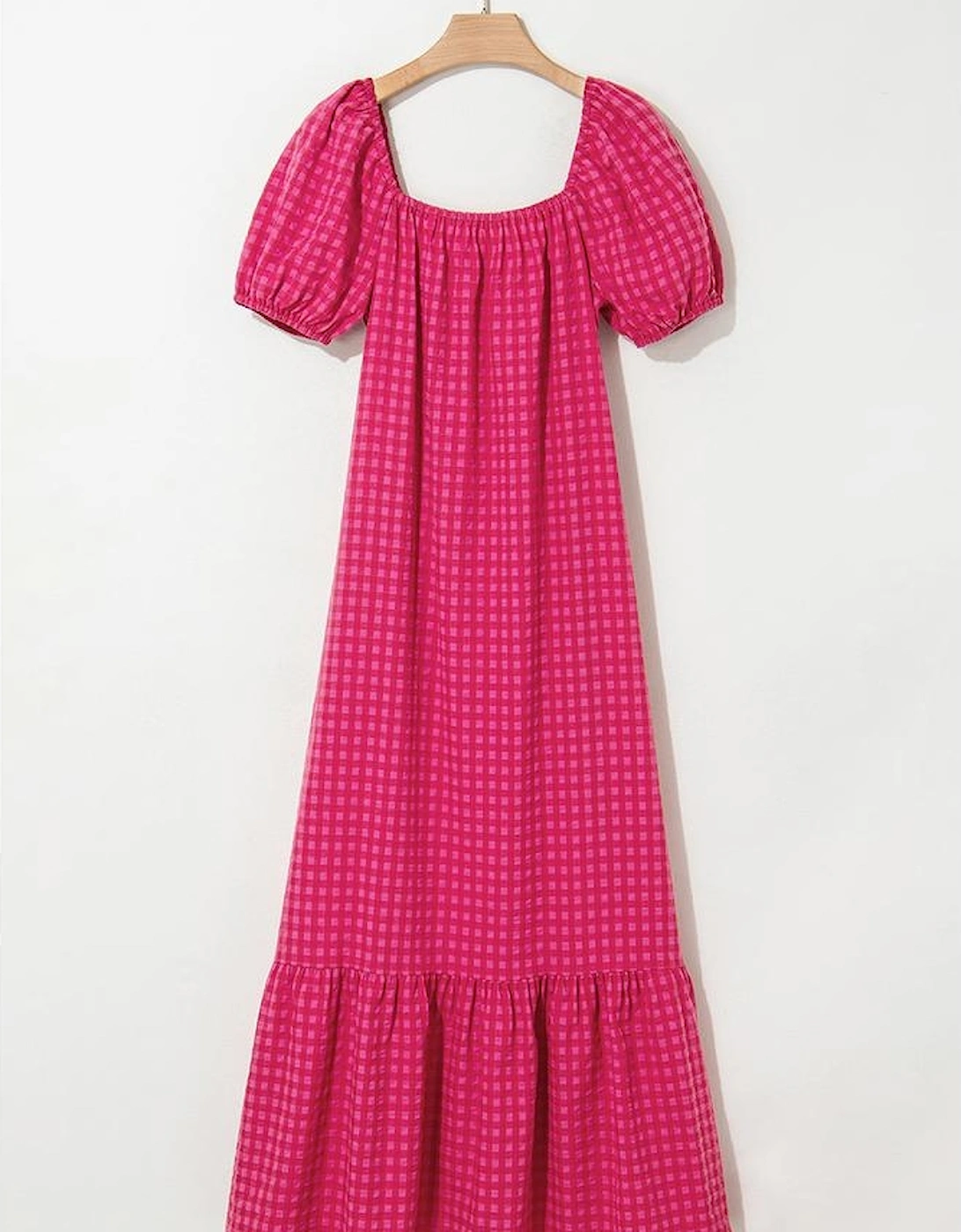 Rose Ginham Check Bubble Sleeve Ruffled Maxi Dress