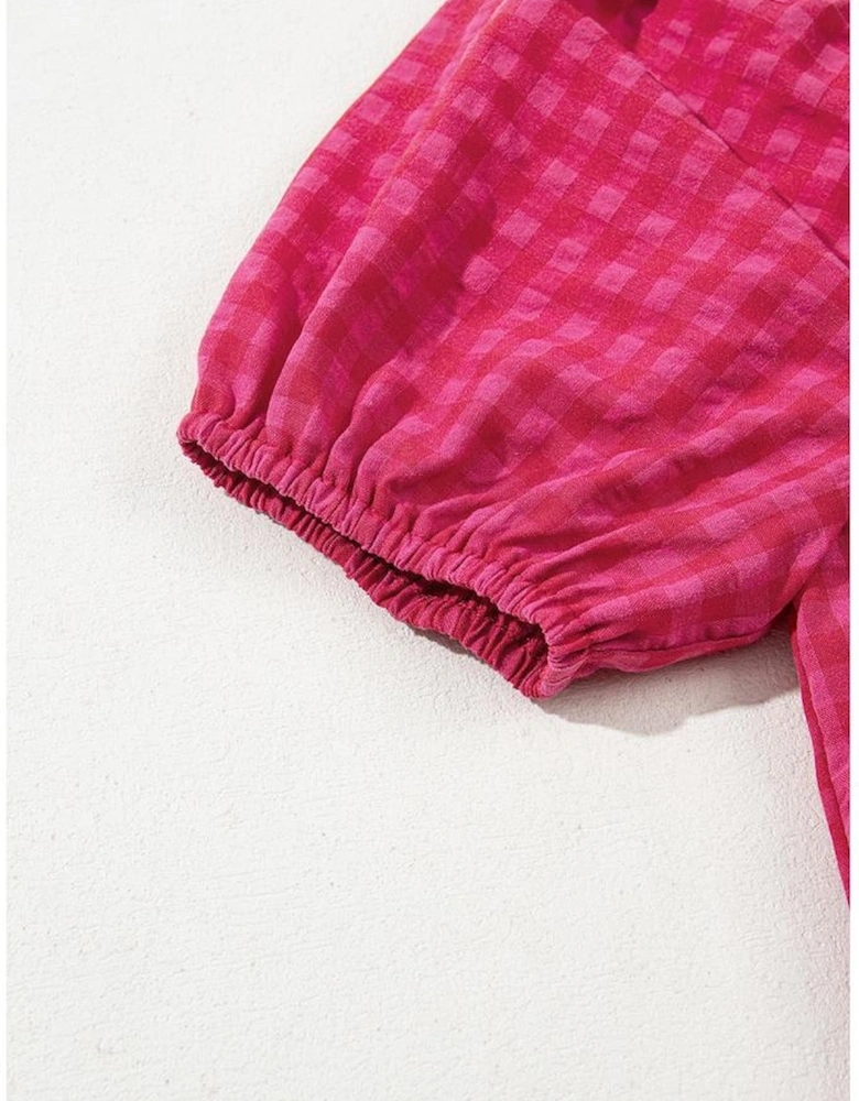 Rose Ginham Check Bubble Sleeve Ruffled Maxi Dress