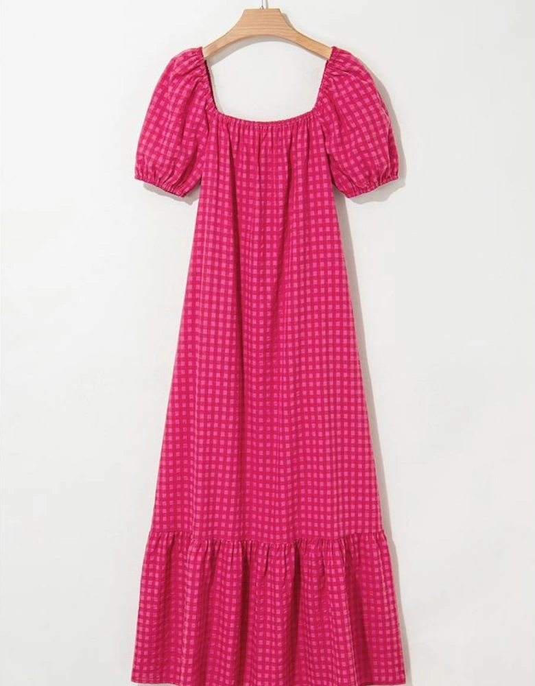 Rose Ginham Check Bubble Sleeve Ruffled Maxi Dress