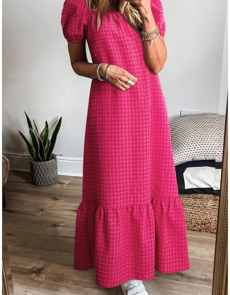 Rose Ginham Check Bubble Sleeve Ruffled Maxi Dress