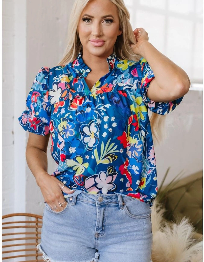Blue Flower Print Collared V Neck Puff Short Sleeve Loose Blouse