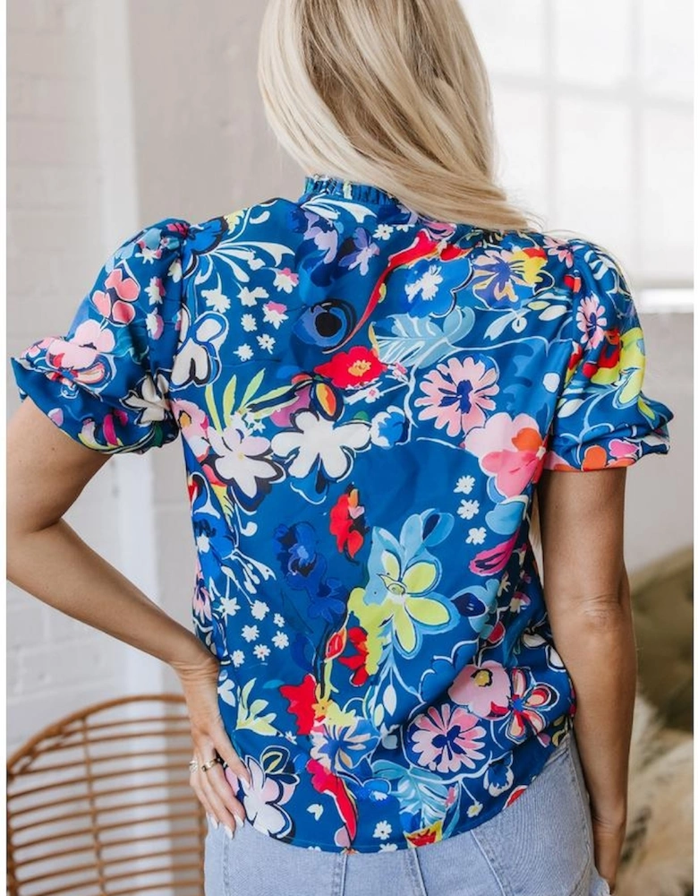 Blue Flower Print Collared V Neck Puff Short Sleeve Loose Blouse