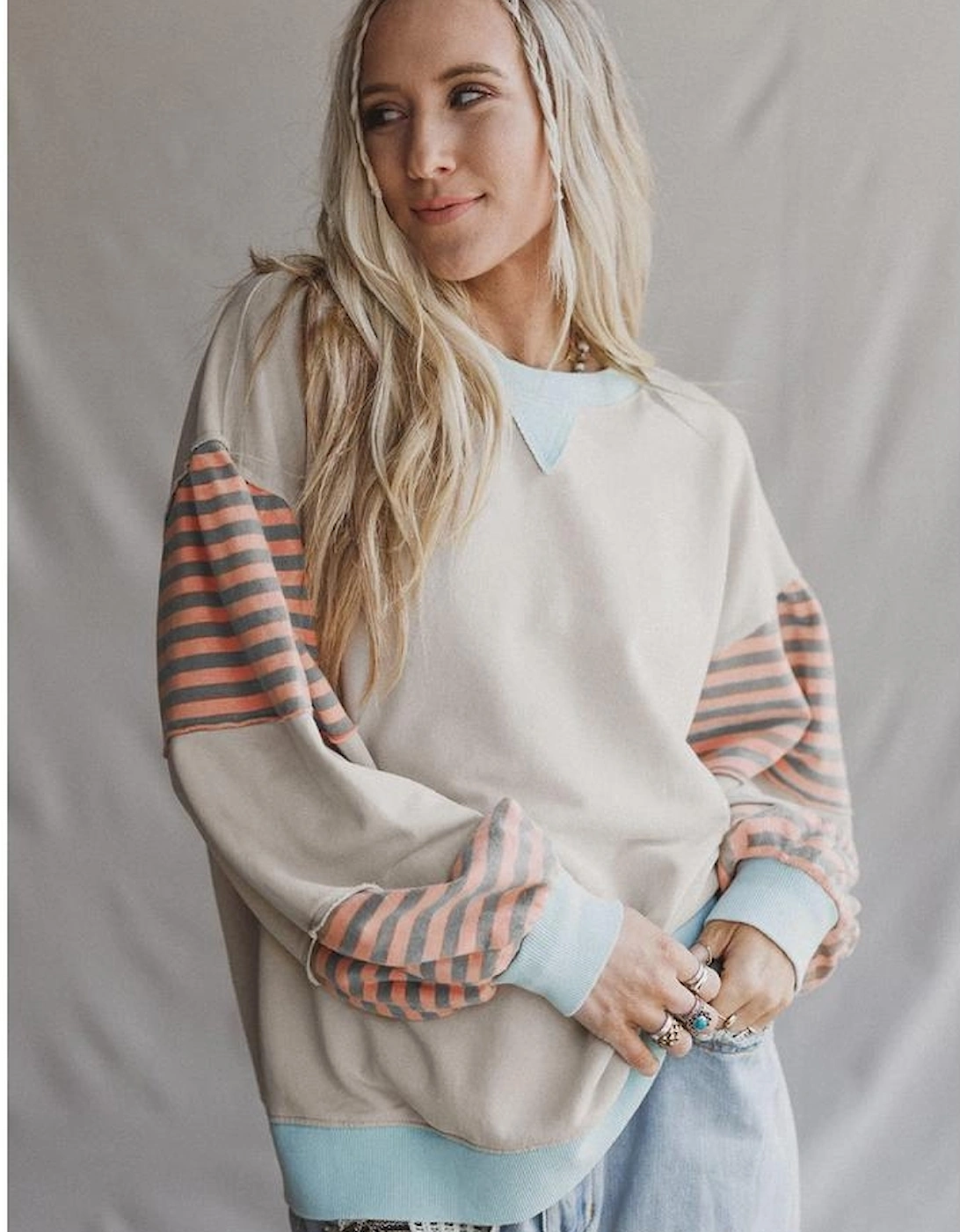 Jet Stream Striped Colorblock Patchwork Drop Shoulder Sweatshirt