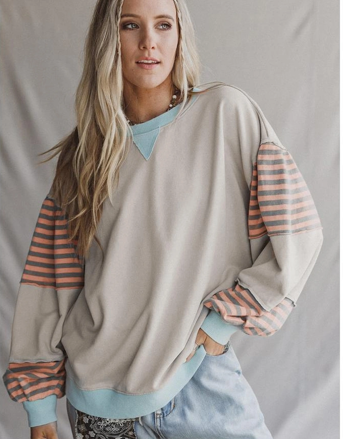 Jet Stream Striped Colorblock Patchwork Drop Shoulder Sweatshirt