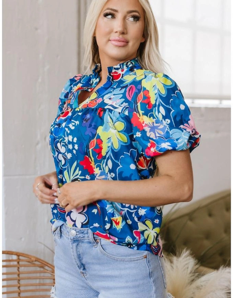 Blue Flower Print Collared V Neck Puff Short Sleeve Loose Blouse