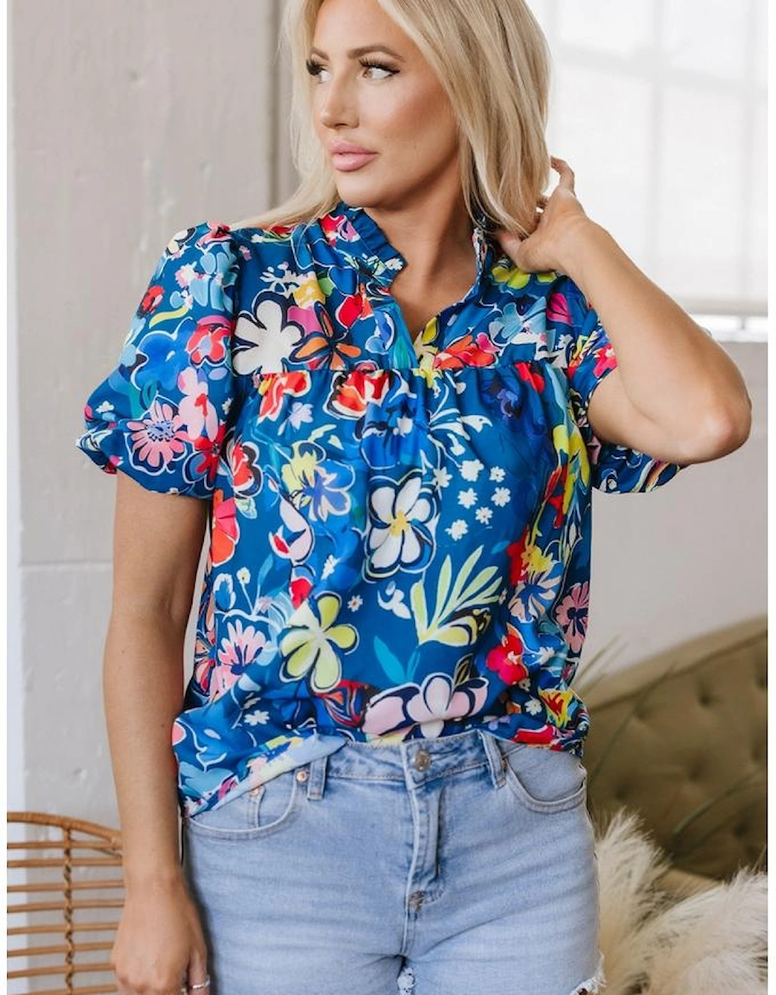 Blue Flower Print Collared V Neck Puff Short Sleeve Loose Blouse