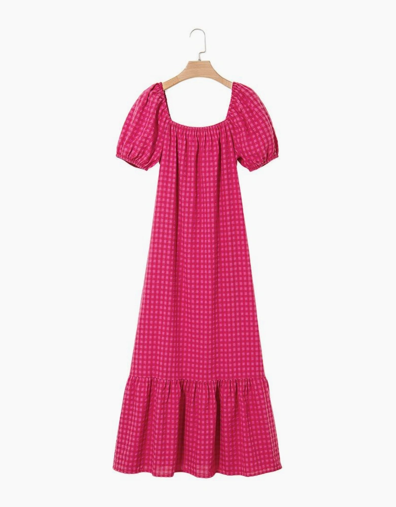 Rose Ginham Check Bubble Sleeve Ruffled Maxi Dress