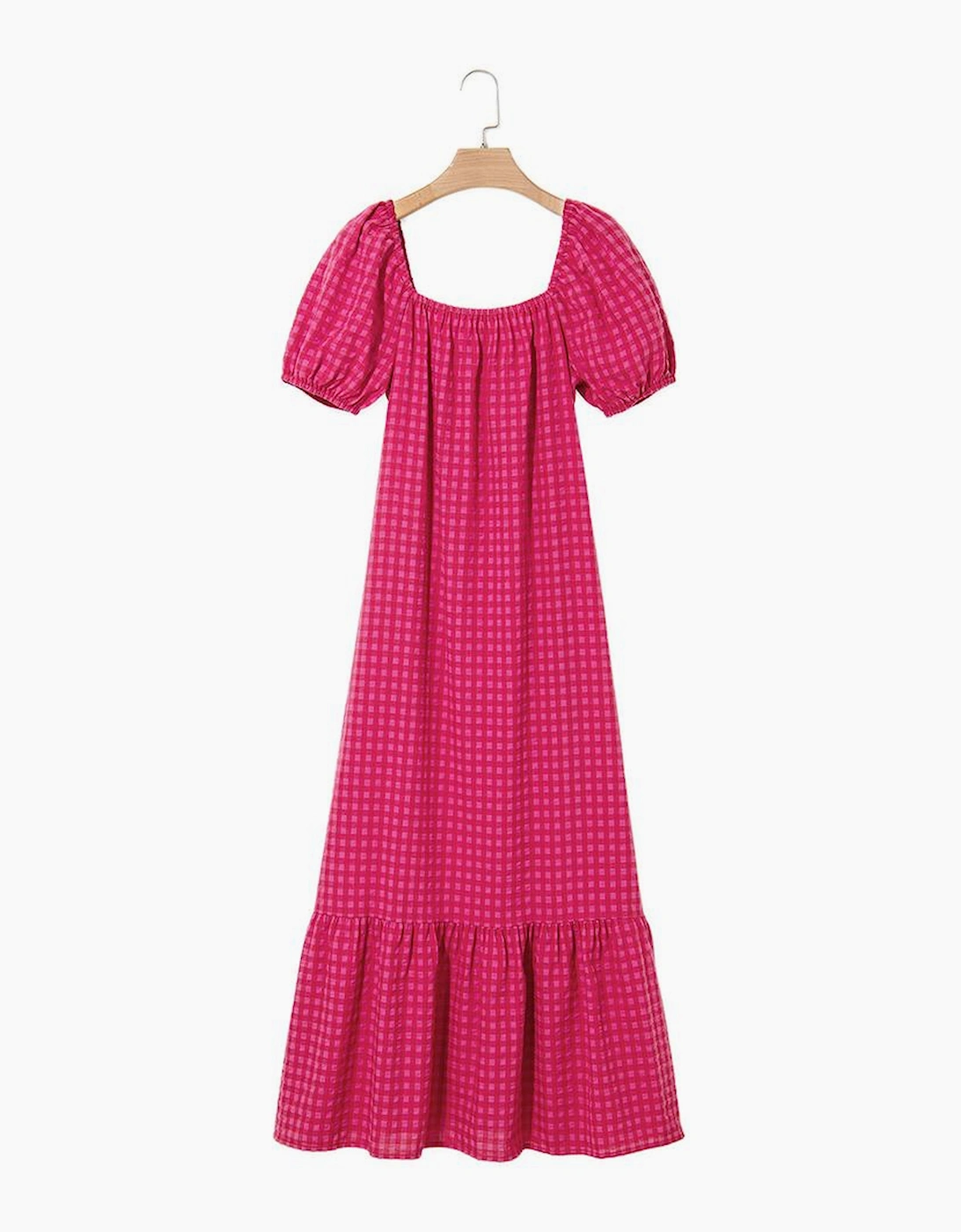 Rose Ginham Check Bubble Sleeve Ruffled Maxi Dress