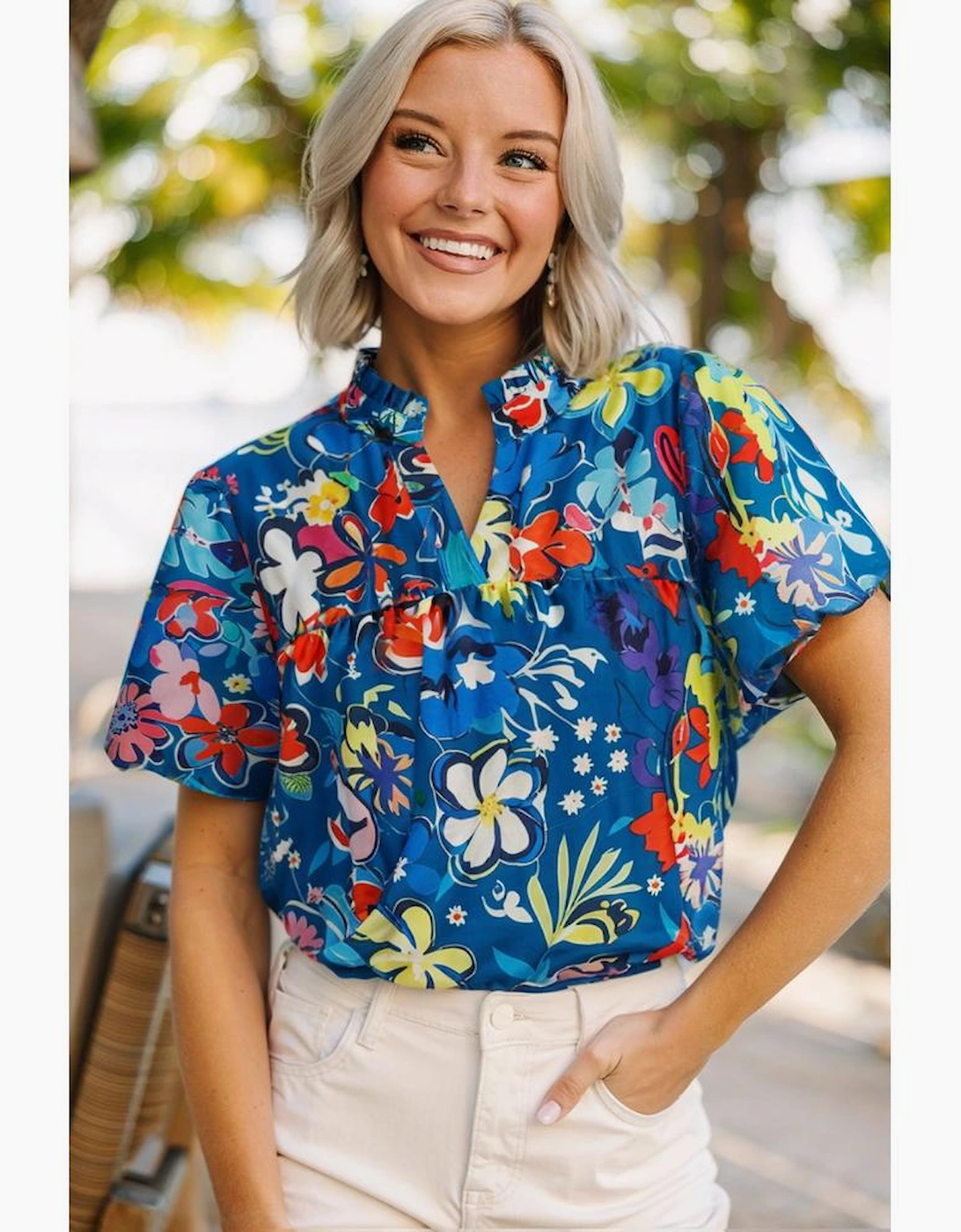 Blue Flower Print Collared V Neck Puff Short Sleeve Loose Blouse