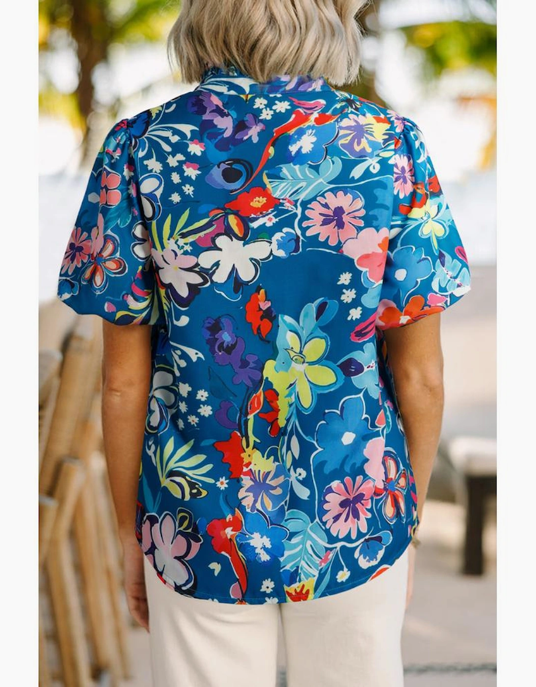 Blue Flower Print Collared V Neck Puff Short Sleeve Loose Blouse