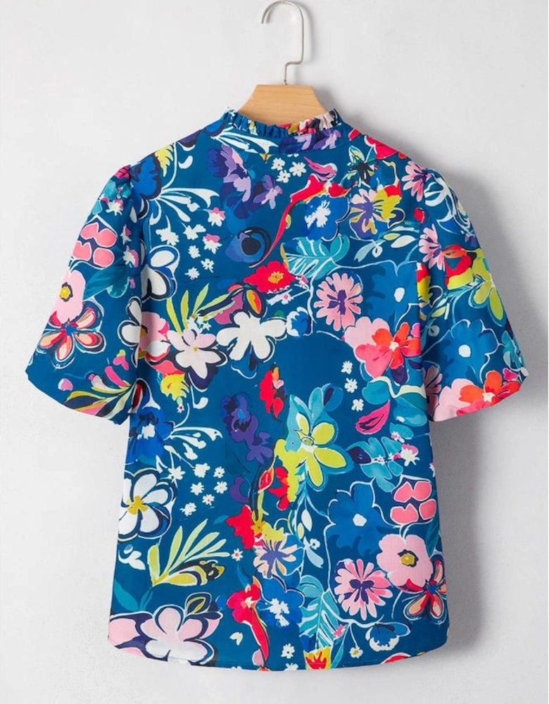 Blue Flower Print Collared V Neck Puff Short Sleeve Loose Blouse