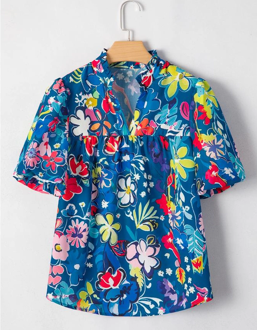 Blue Flower Print Collared V Neck Puff Short Sleeve Loose Blouse