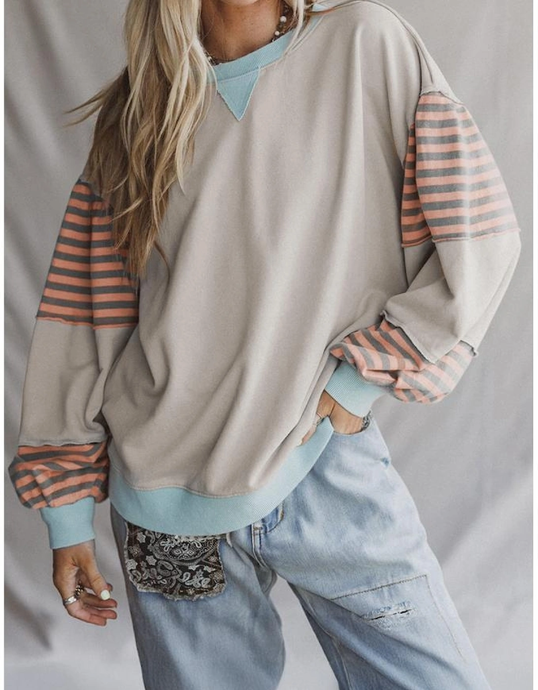 Jet Stream Striped Colorblock Patchwork Drop Shoulder Sweatshirt