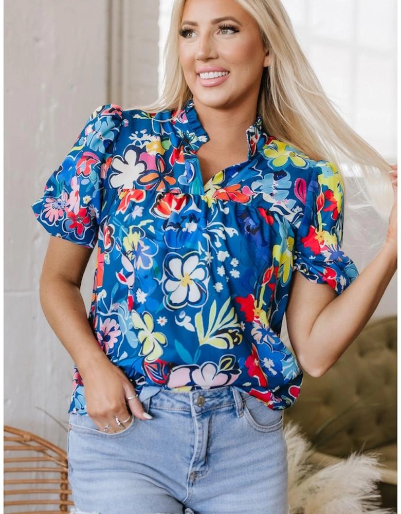 Blue Flower Print Collared V Neck Puff Short Sleeve Loose Blouse