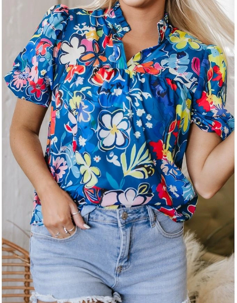 Blue Flower Print Collared V Neck Puff Short Sleeve Loose Blouse