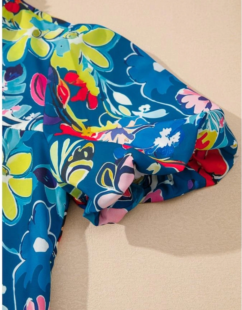 Blue Flower Print Collared V Neck Puff Short Sleeve Loose Blouse
