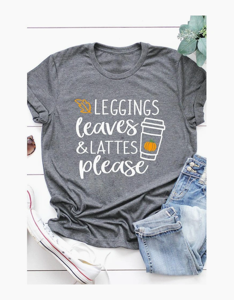 Gray Leggings Leaves and Lattes Please Graphic Tee