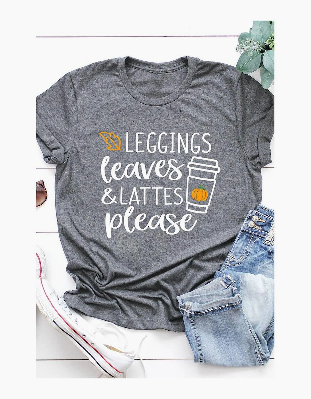 Gray Leggings Leaves and Lattes Please Graphic Tee