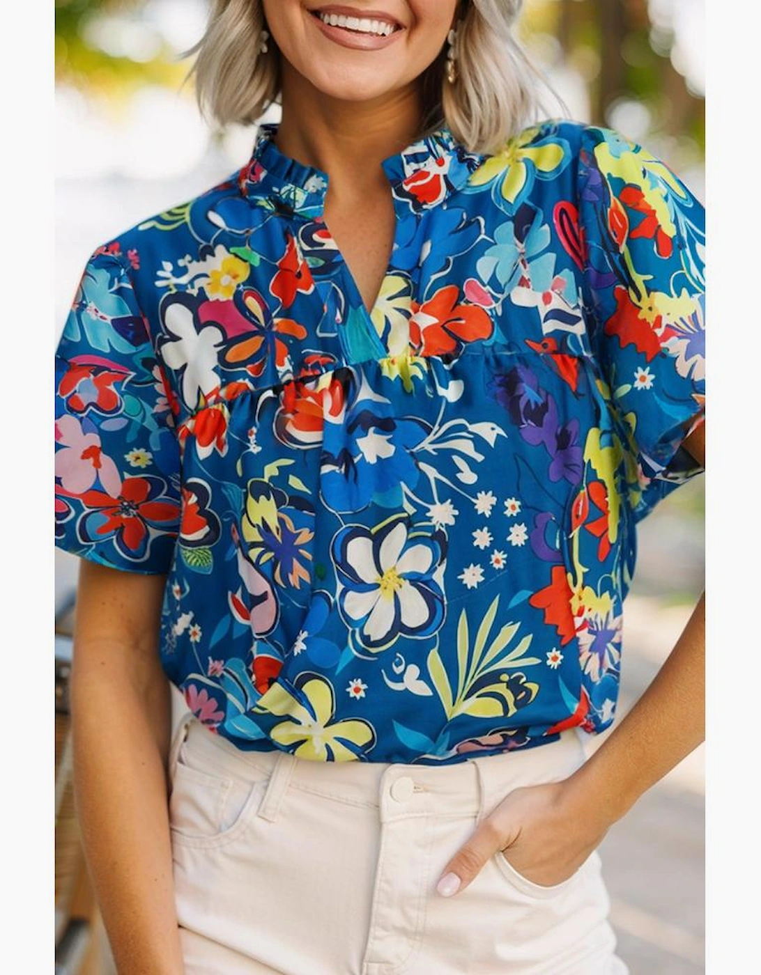 Blue Flower Print Collared V Neck Puff Short Sleeve Loose Blouse