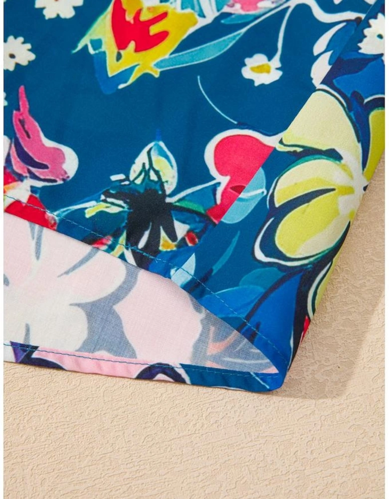 Blue Flower Print Collared V Neck Puff Short Sleeve Loose Blouse