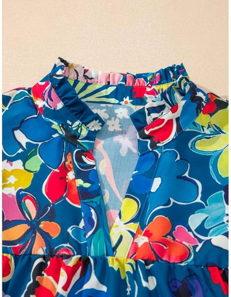 Blue Flower Print Collared V Neck Puff Short Sleeve Loose Blouse