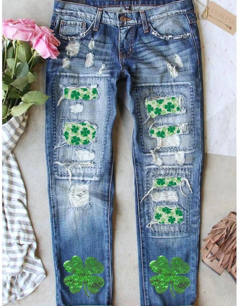 Sky Blue St. Patricks Clover Patchwork Sequin Distressed Jeans