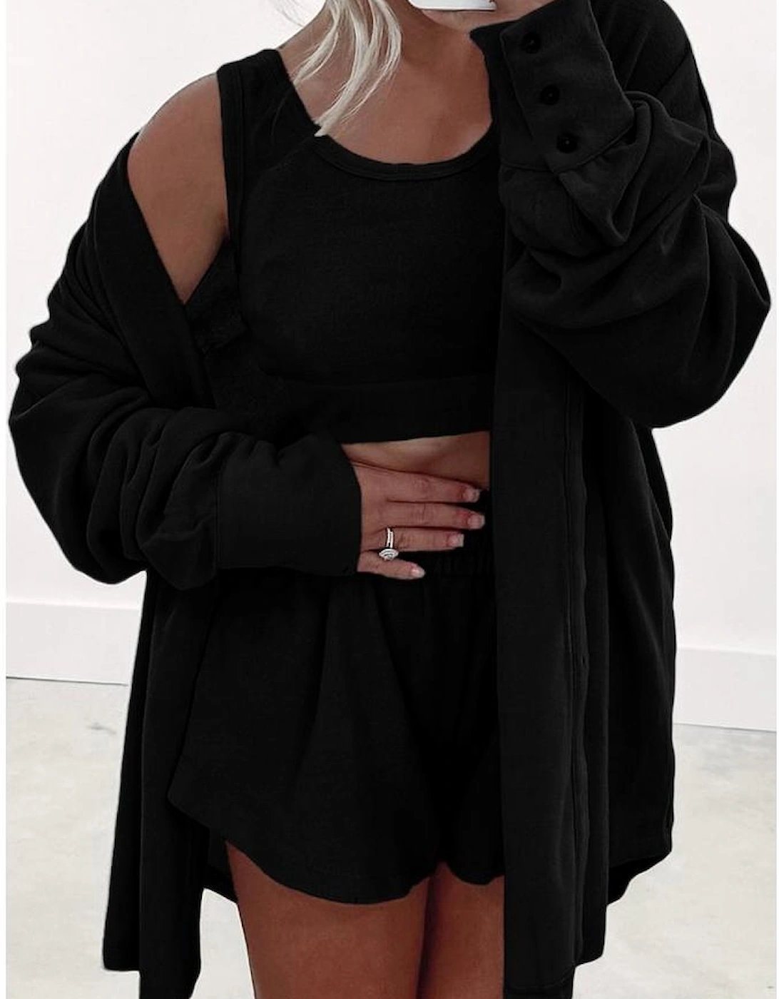 Black 3 Pcs Crop Tank Top Shorts with Cardigan Lounge Set
