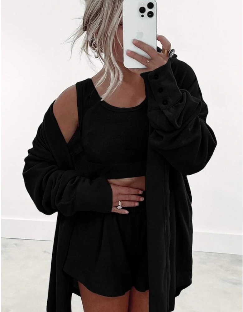 Black 3 Pcs Crop Tank Top Shorts with Cardigan Lounge Set