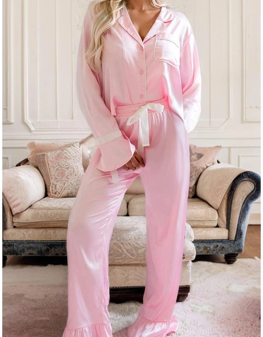 Light Pink Satin Knot Accent Shirt and Ruffled Pants Lounge Set