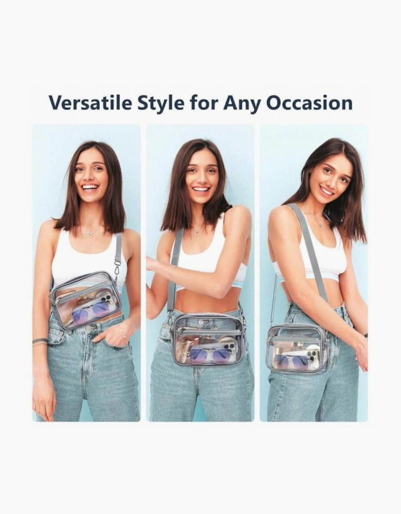 Gray Multi-Pocket Contrast Edge Detachable Strap Clear Shoulder Bag