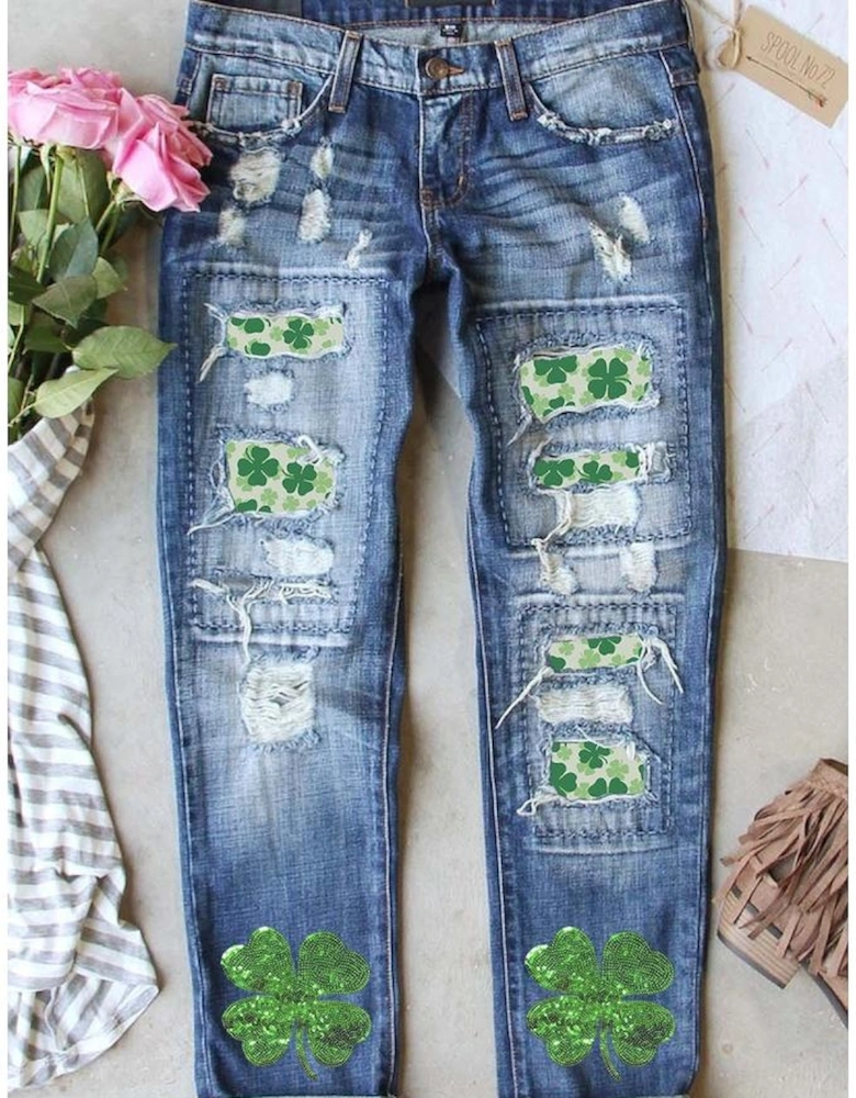 Sky Blue St. Patricks Clover Patchwork Sequin Distressed Jeans